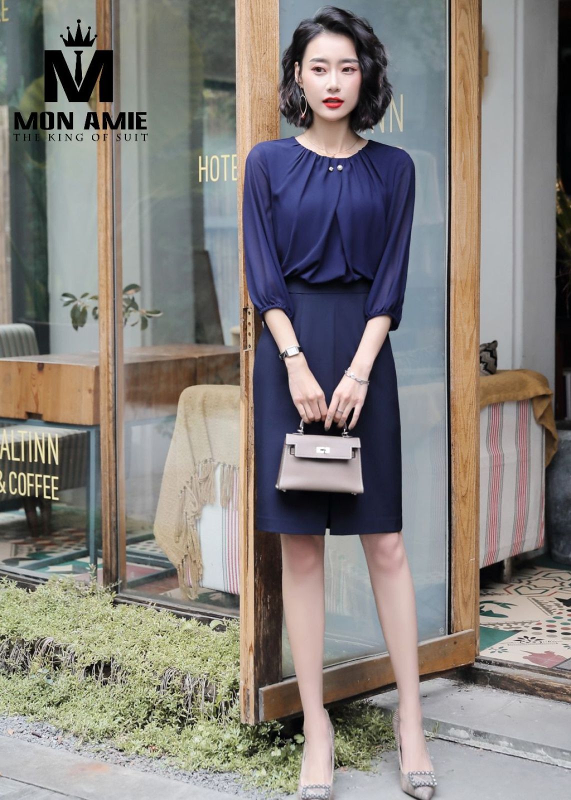 Navy Workwear Tulip Dress With Chiffon Top 